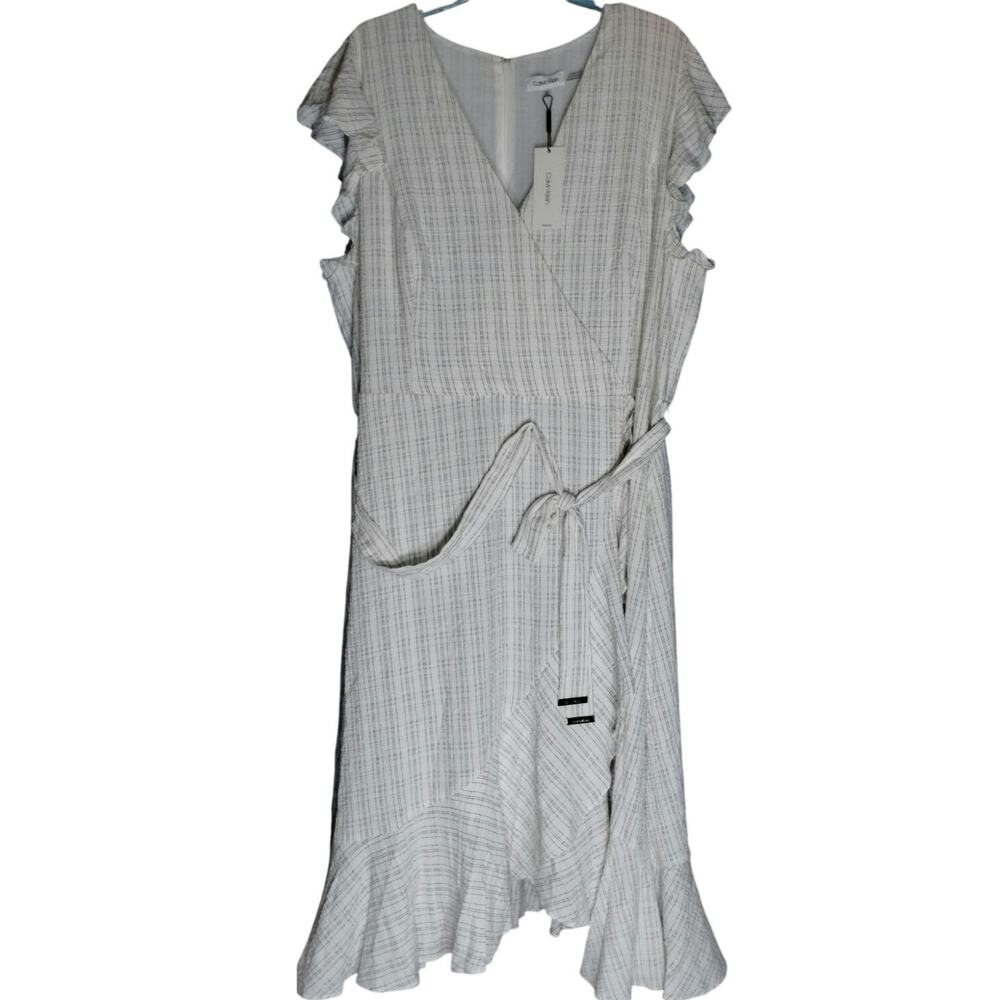 Calvin Klein Dress 20W Plus Size White Stripe Faux Wrap Ruffle Sleeve Midi NWT